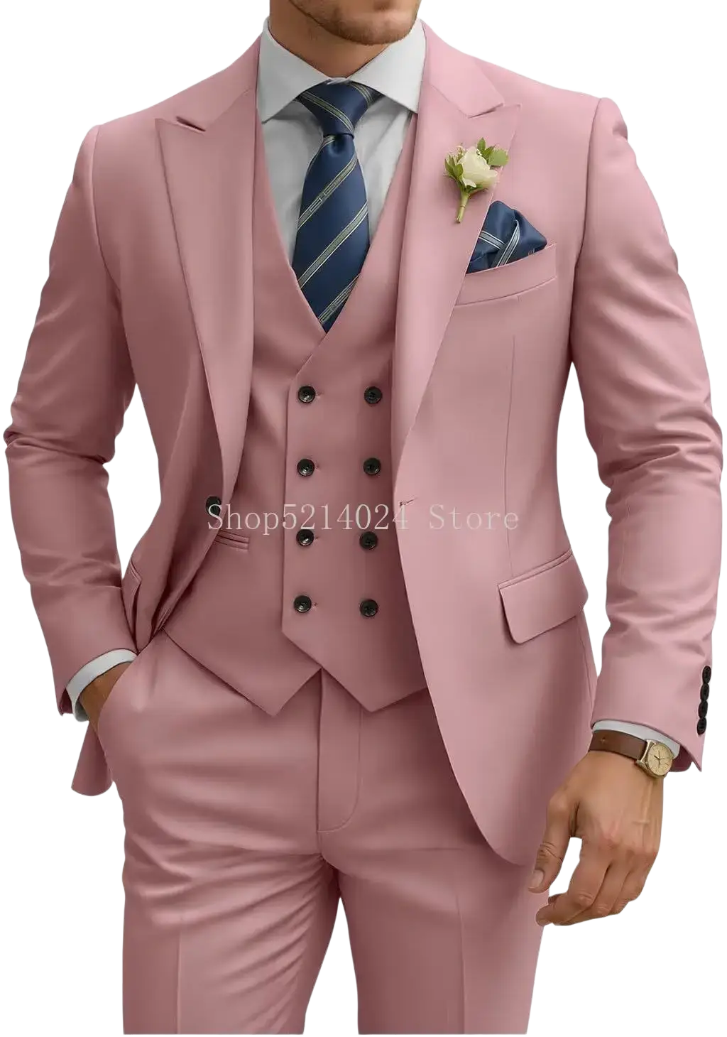 A sleek blush-pink mens 3 piece slim fit suit with a double-breasted vest and matching trousers
