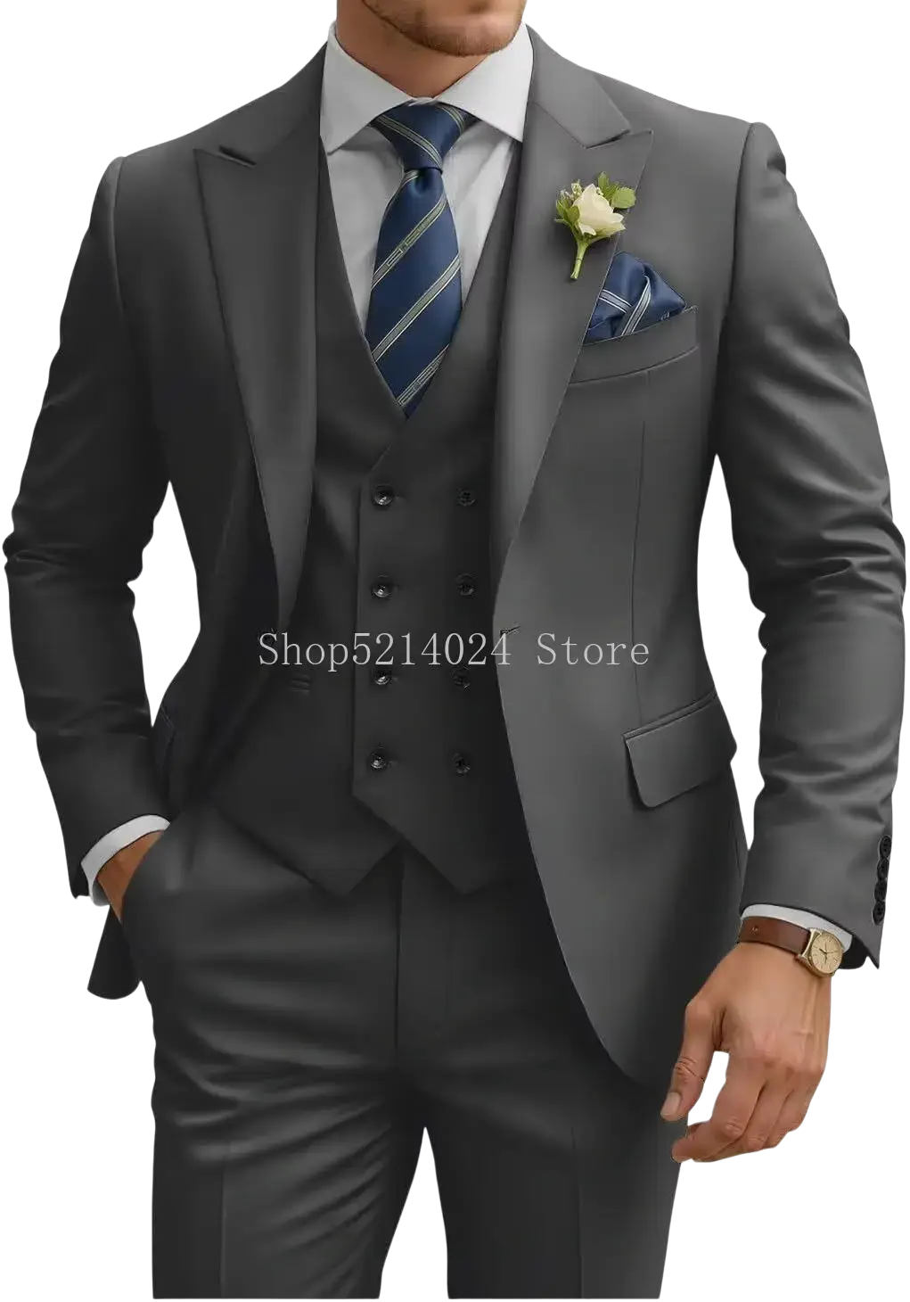 A sleek charcoal gray mens 3 piece slim fit double breasted tuxedo suit with notched lapel jacket vest and trousers