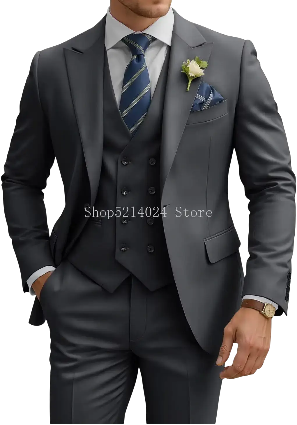 A sleek charcoal gray three-piece slim fit suit with notched lapel jacket double breasted vest and slim trousers