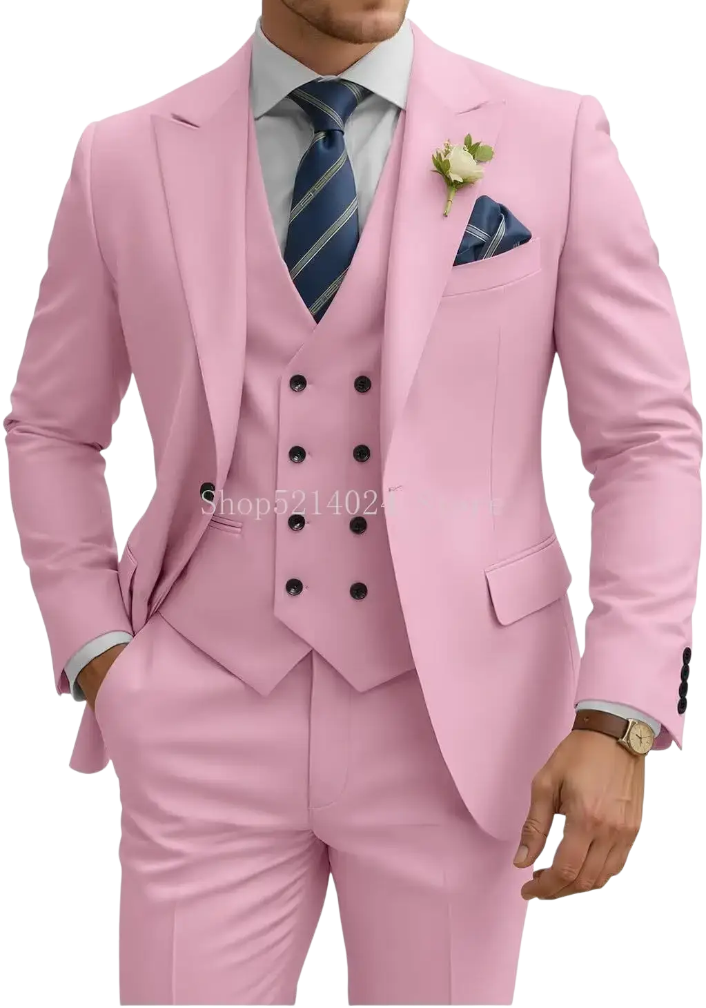Mens 3 piece slim fit suit in sleek light pink with double breasted vest and matching trousers for formal wear