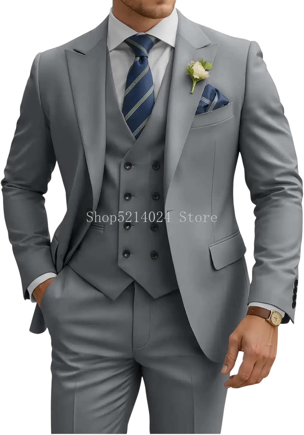 Men’s 3 piece slim fit gray suit with double breasted vest and matching trousers for formal occasions