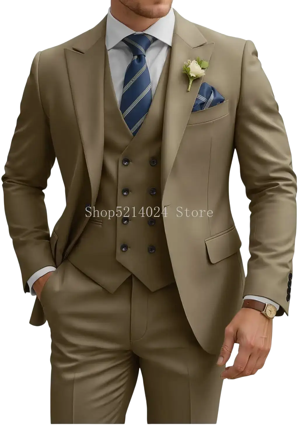 A tailored beige mens 3 piece slim fit double breasted tuxedo suit with subtle stitching details and matching trousers