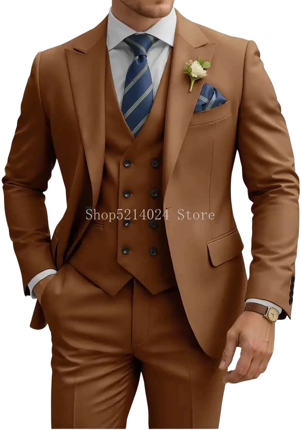 Mens 3 piece slim fit suit in brown with double breasted vest textured fabric and elegant lapel lines