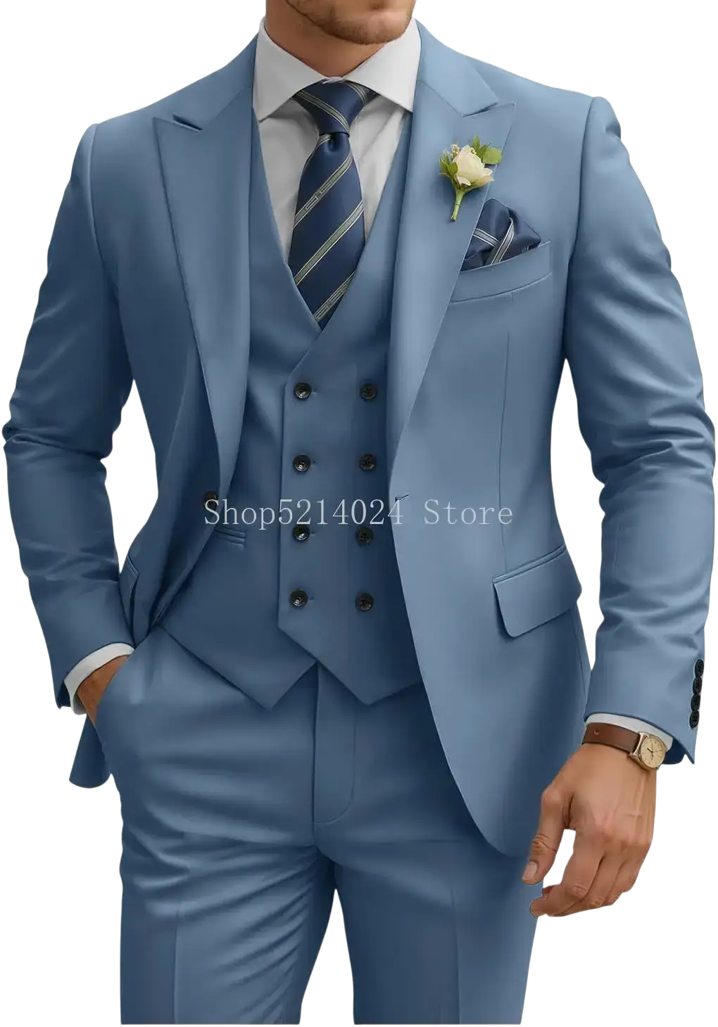 Mens 3 piece slim fit suit with double breasted light blue textured vest and matching trousers with classic lapels