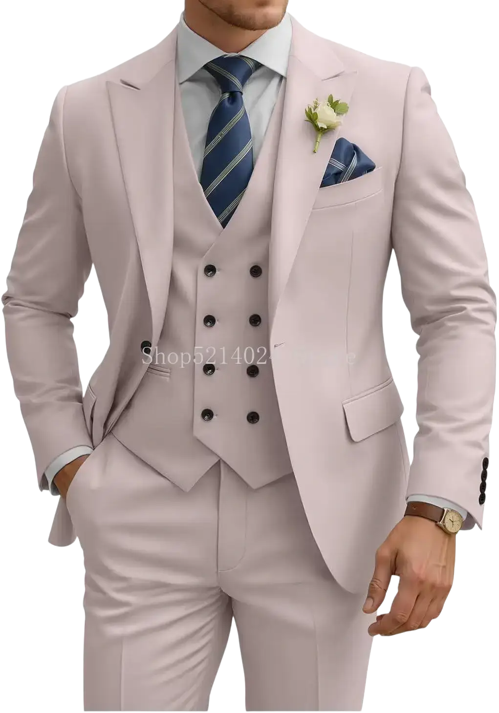 A tailored light pink mens 3 piece slim fit suit with double breasted vest black buttons and matching trousers