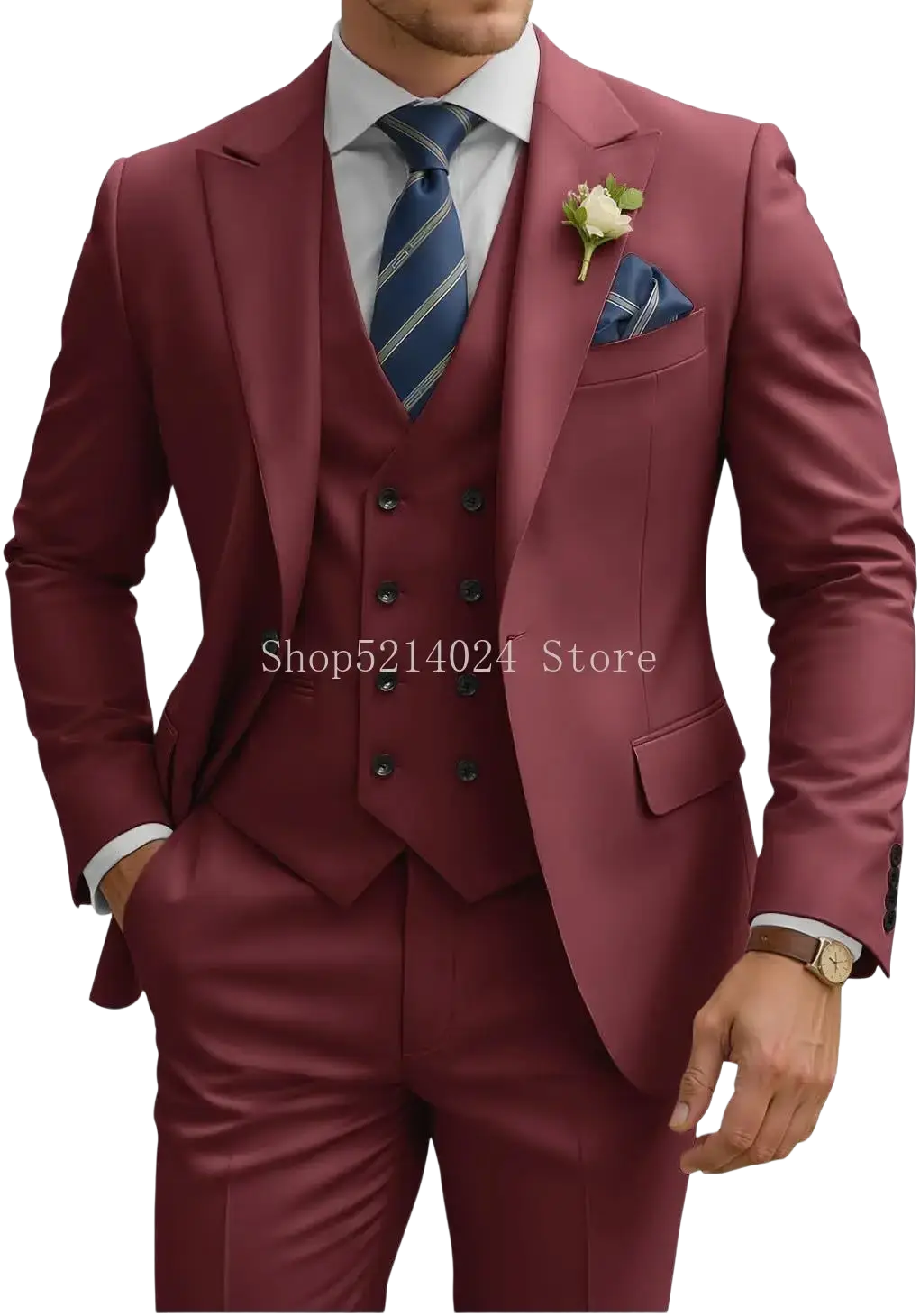 A tailored maroon mens 3 piece slim fit suit with double breasted vest and matching textured trousers
