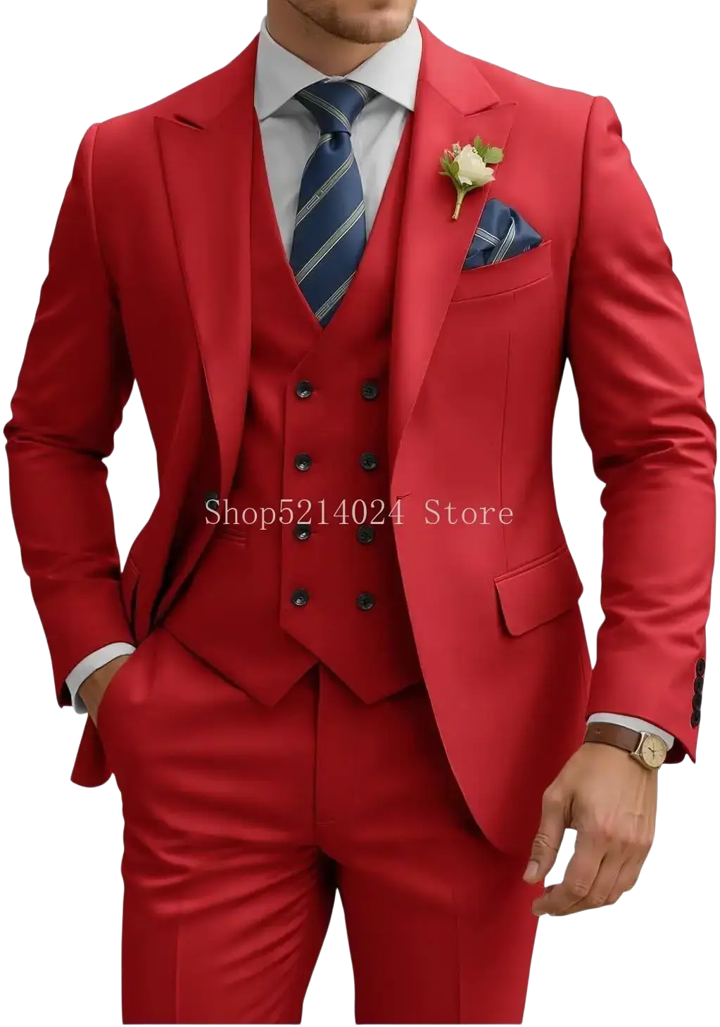 A vibrant red mens 3 piece slim fit suit with double breasted tuxedo jacket vest and trousers