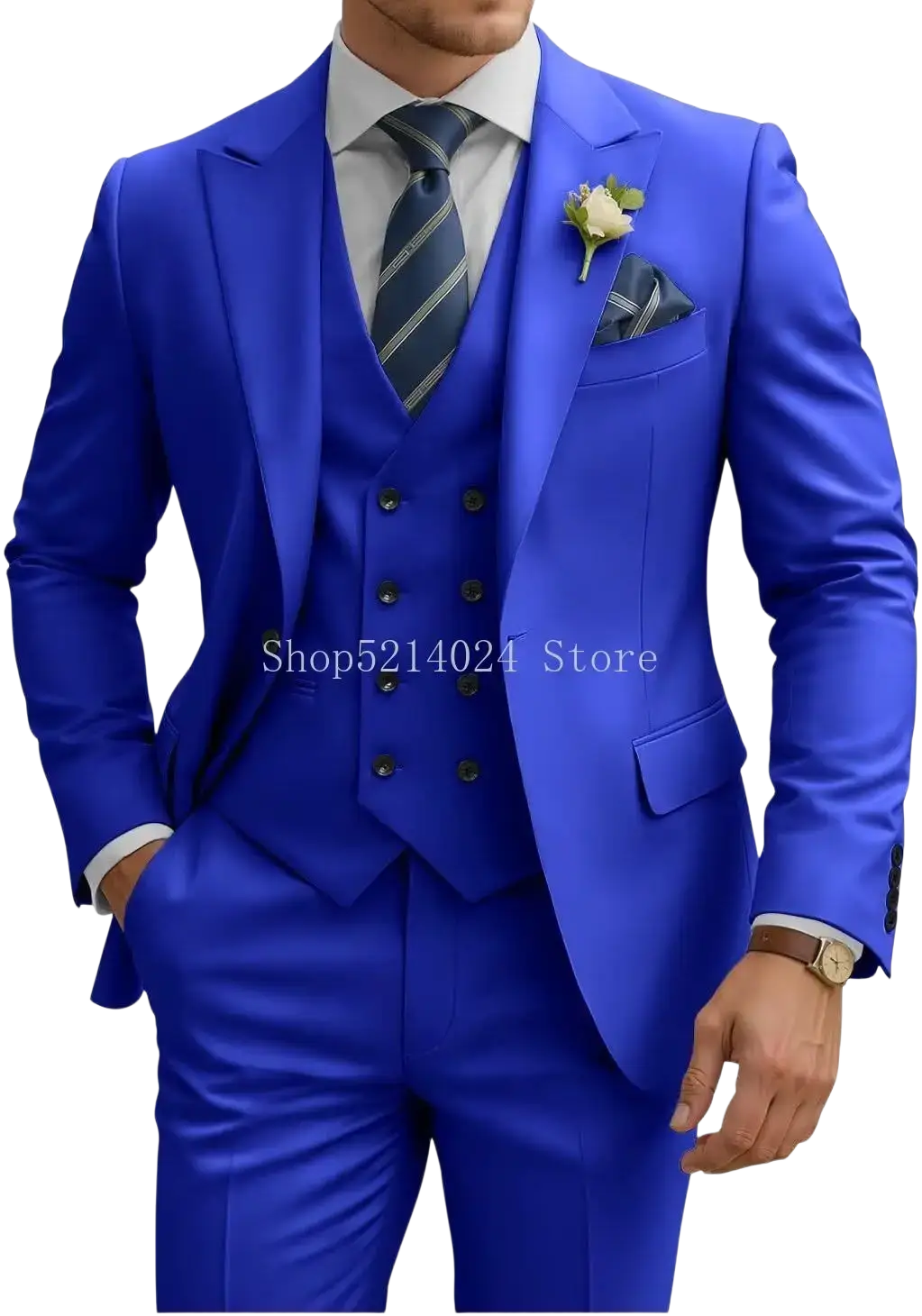 Vibrant royal blue mens 3 piece slim fit suit with double breasted vest and matching trousers in premium fabric
