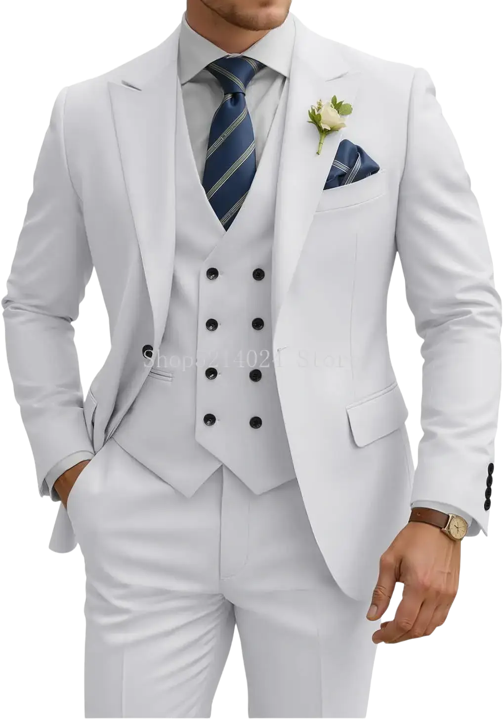 Mens 3 piece slim fit white suit with black buttons and matching vest double breasted tuxedo style