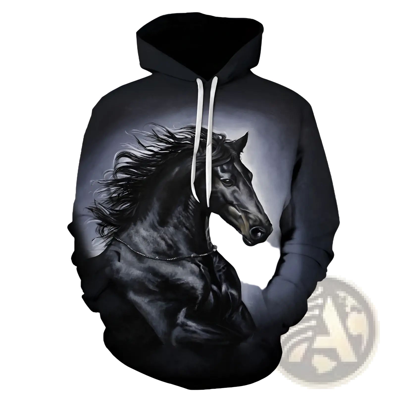 Men’s black hoodie with detailed 3d-printed black horse graphic and white drawstrings on dark gray gradient background