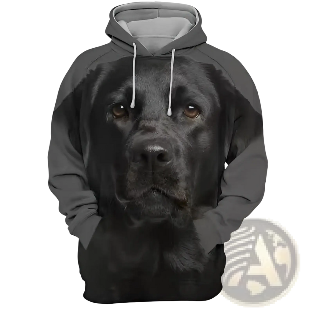 Men’s 3d dog portrait graphic pullover hoodie featuring black labrador retriever face print with gray interior and white drawstrings