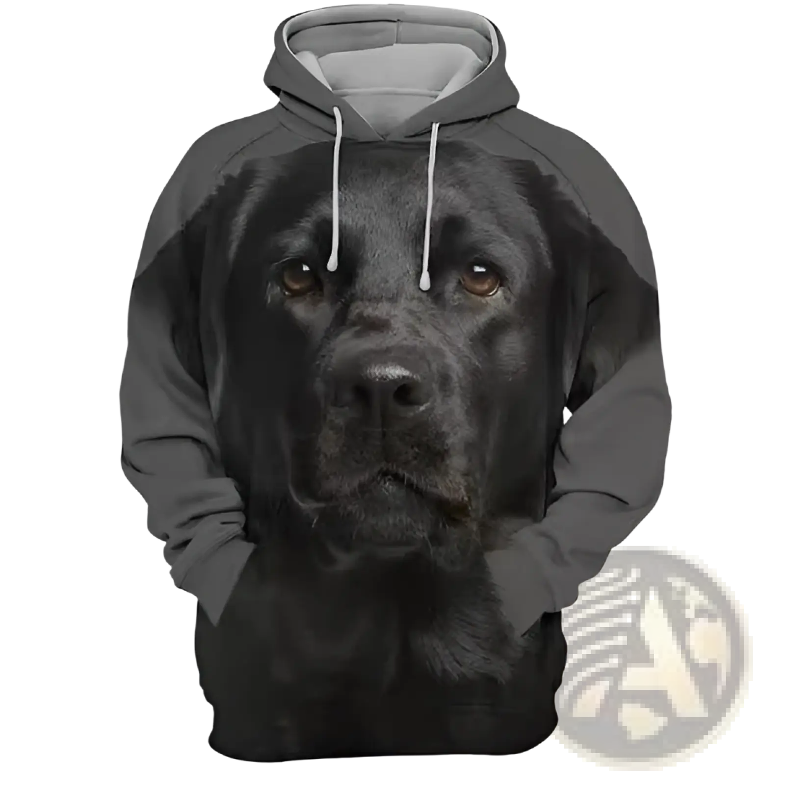 Men’s 3d dog portrait graphic pullover hoodie featuring black labrador retriever face print with gray interior and white drawstrings