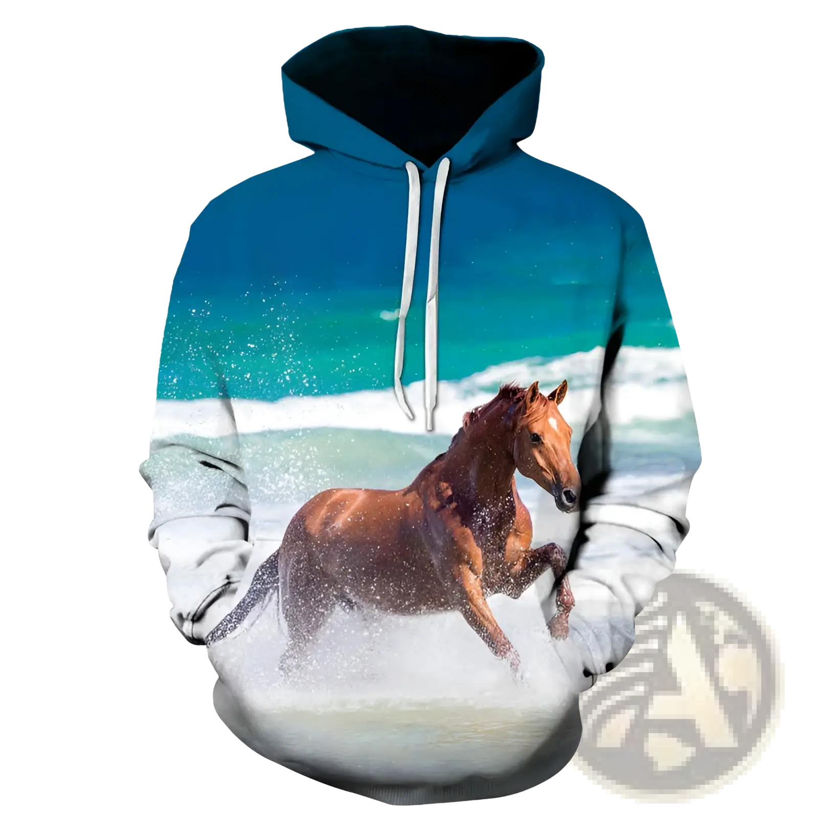 Men’s blue and white hoodie with a 3d-printed brown horse galloping through ocean waves graphic pullover design