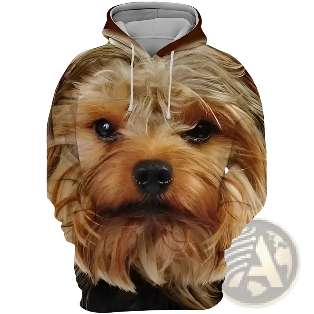 Men’s brown and black hoodie with a detailed 3d yorkshire terrier portrait graphic pullover featuring realistic fur texture