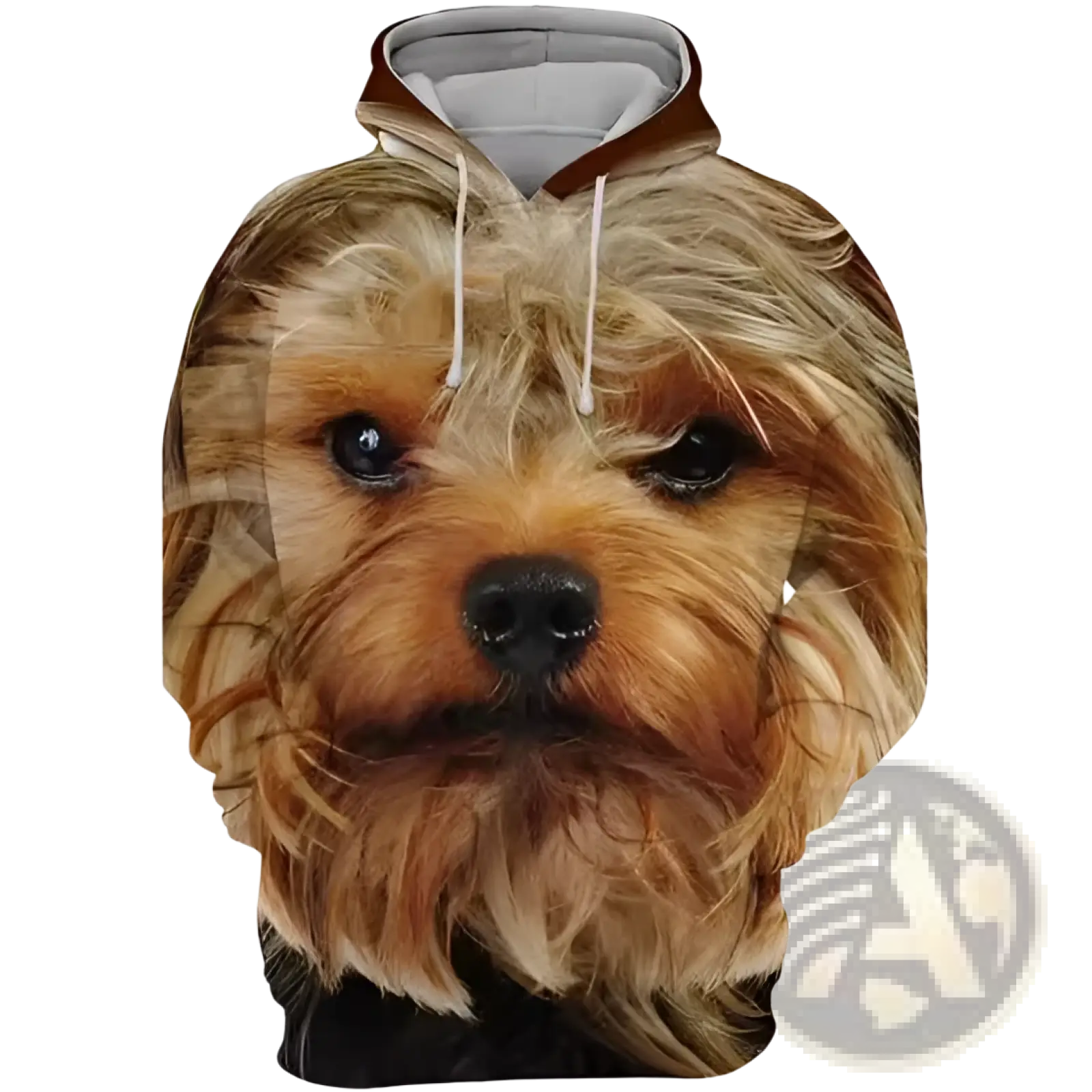 Men’s brown and black hoodie with a detailed 3d yorkshire terrier portrait graphic pullover featuring realistic fur texture