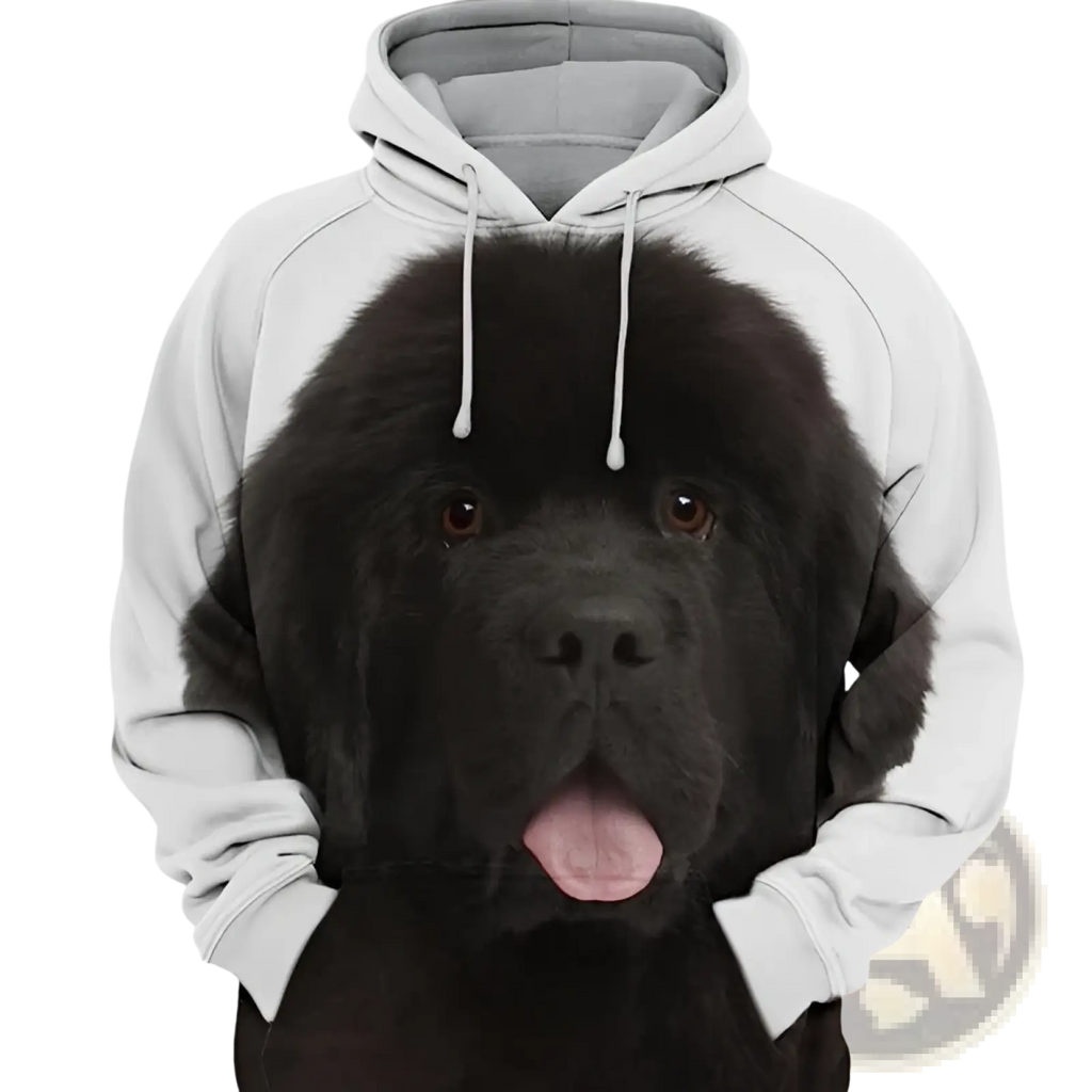 Men’s white pullover hoodie with detailed 3d printed black newfoundland dog graphic and brown eyes on front