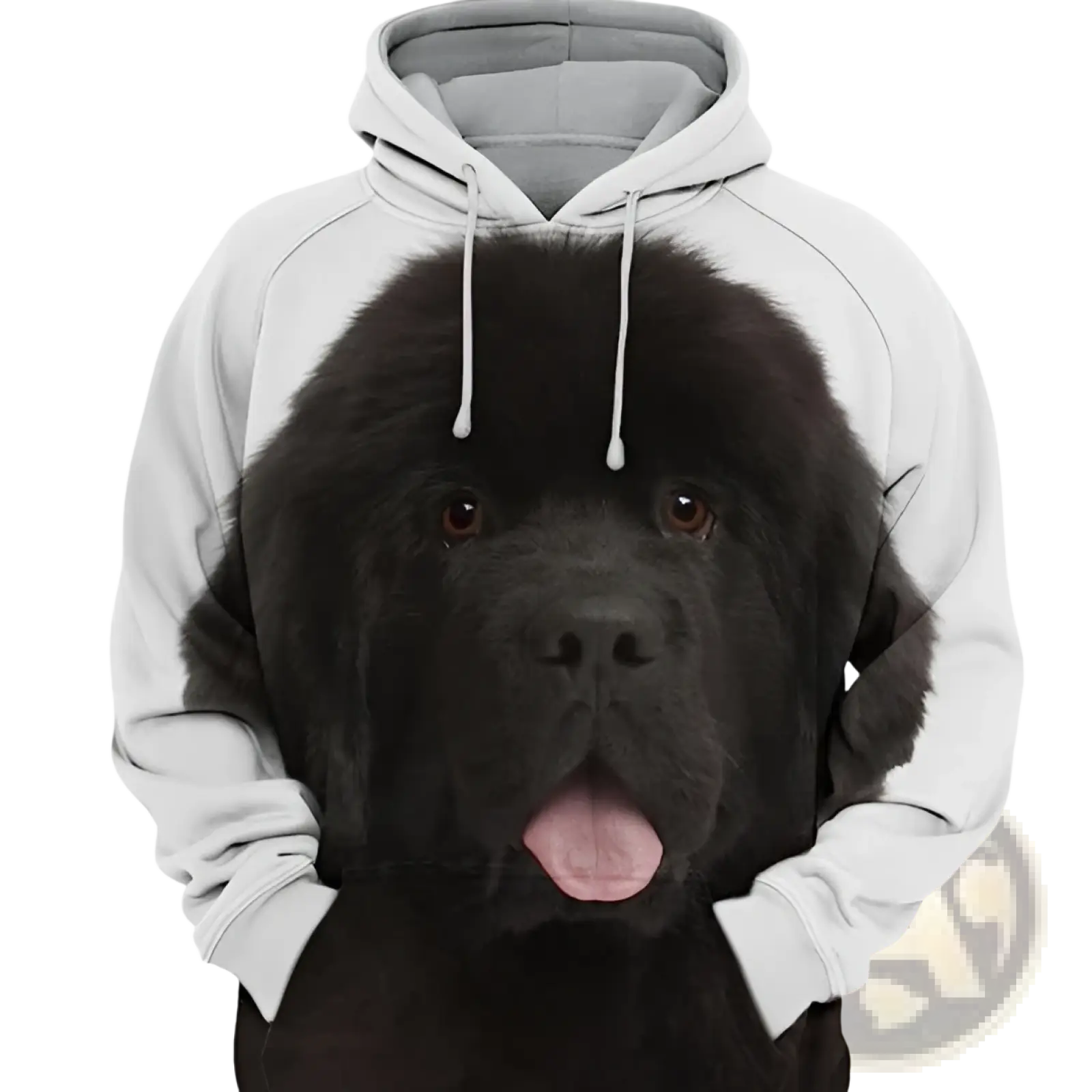 Men’s white pullover hoodie with detailed 3d printed black newfoundland dog graphic and brown eyes on front