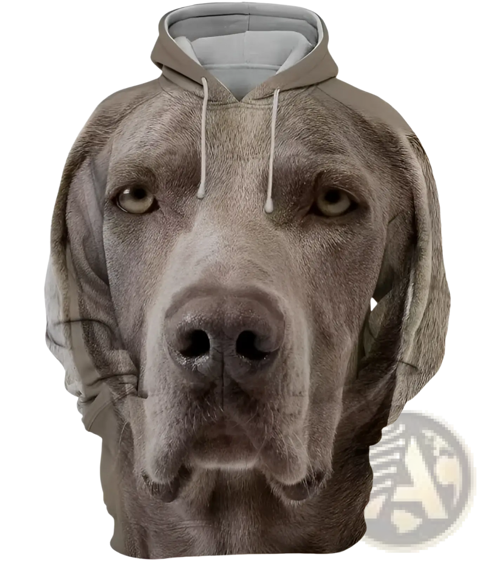 Men’s gray and white pullover hoodie with detailed full-body 3d weimaraner dog portrait graphic design