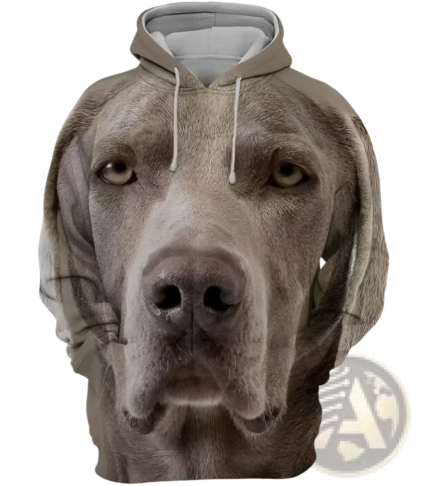 Men’s gray and white pullover hoodie with detailed full-body 3d weimaraner dog portrait graphic design
