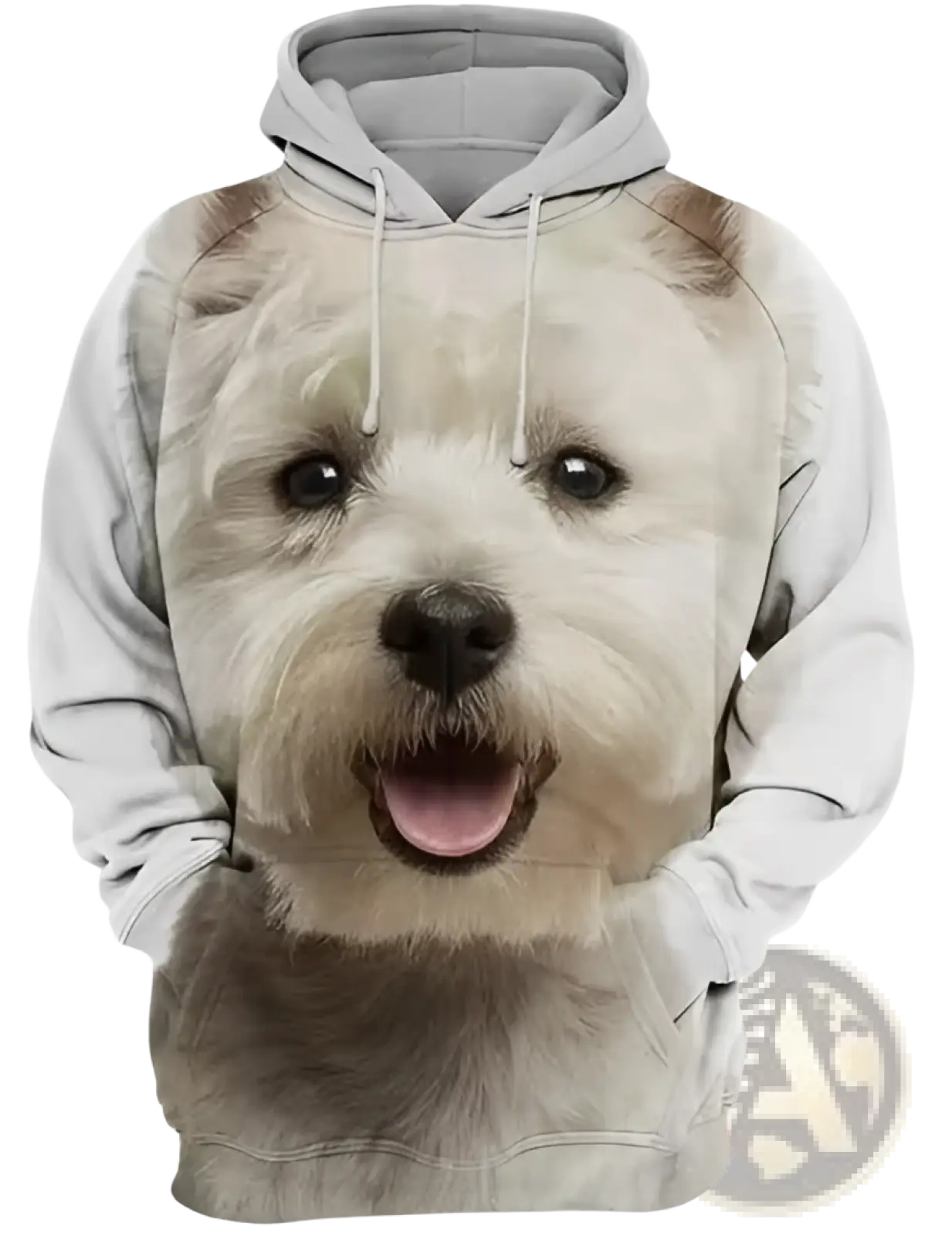 Men’s gray pullover hoodie with a detailed 3D smiling white dog face graphic on the front
