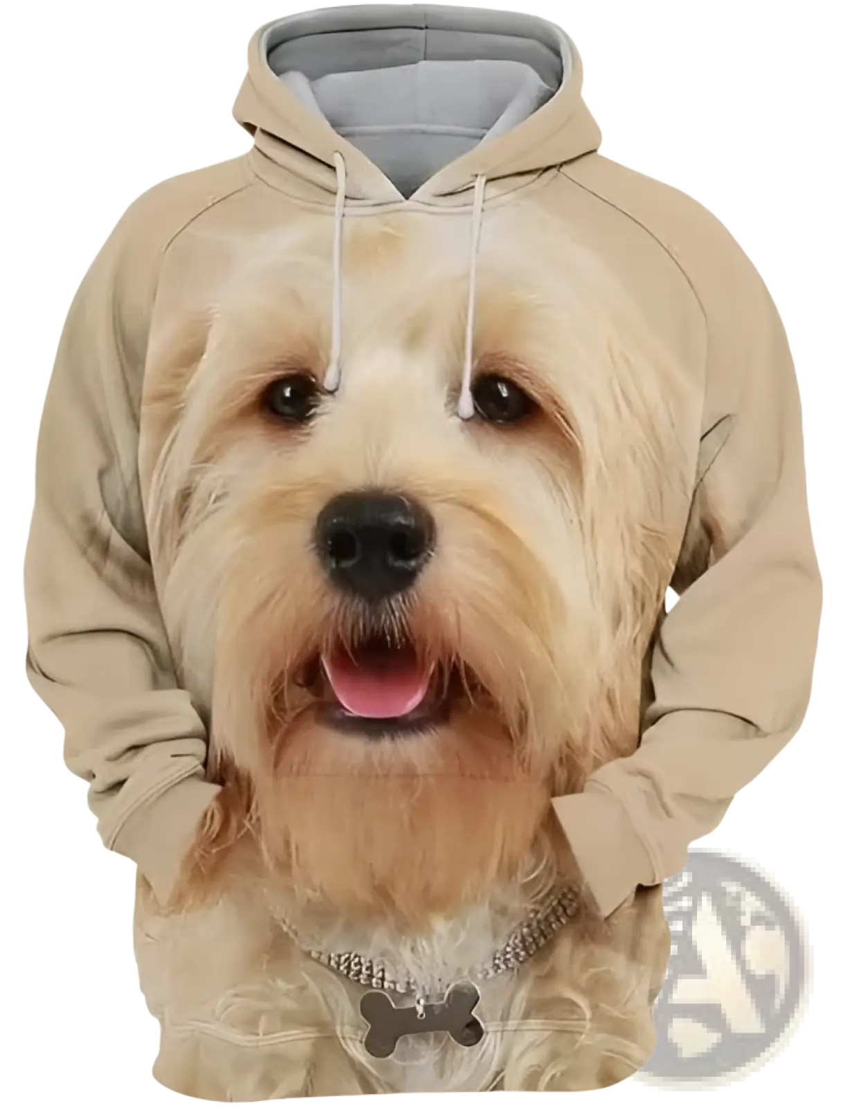 Beige men’s 3d dog portrait graphic pullover hoodie with detailed 3d printed fluffy dog and silver chain collar design