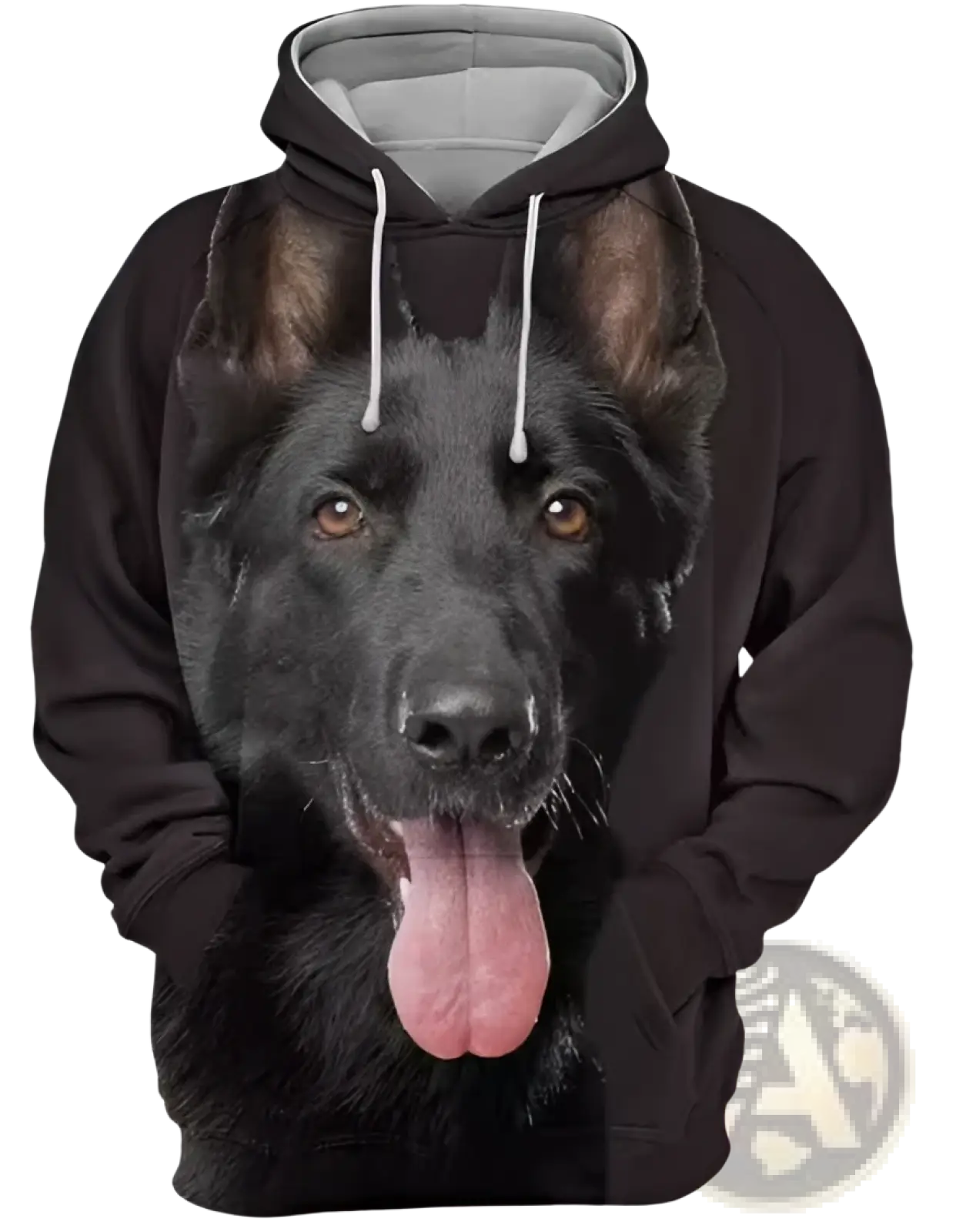 Men’s black pullover hoodie with 3d-printed german shepherd dog face graphic and gray interior lining