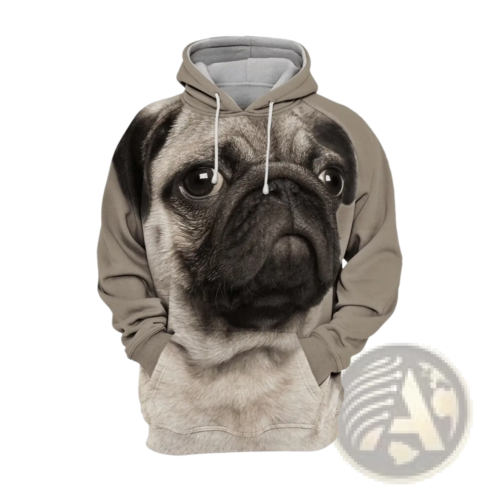 Beige men’s pullover hoodie with detailed full front 3d printed pug face design in black and gray fur details