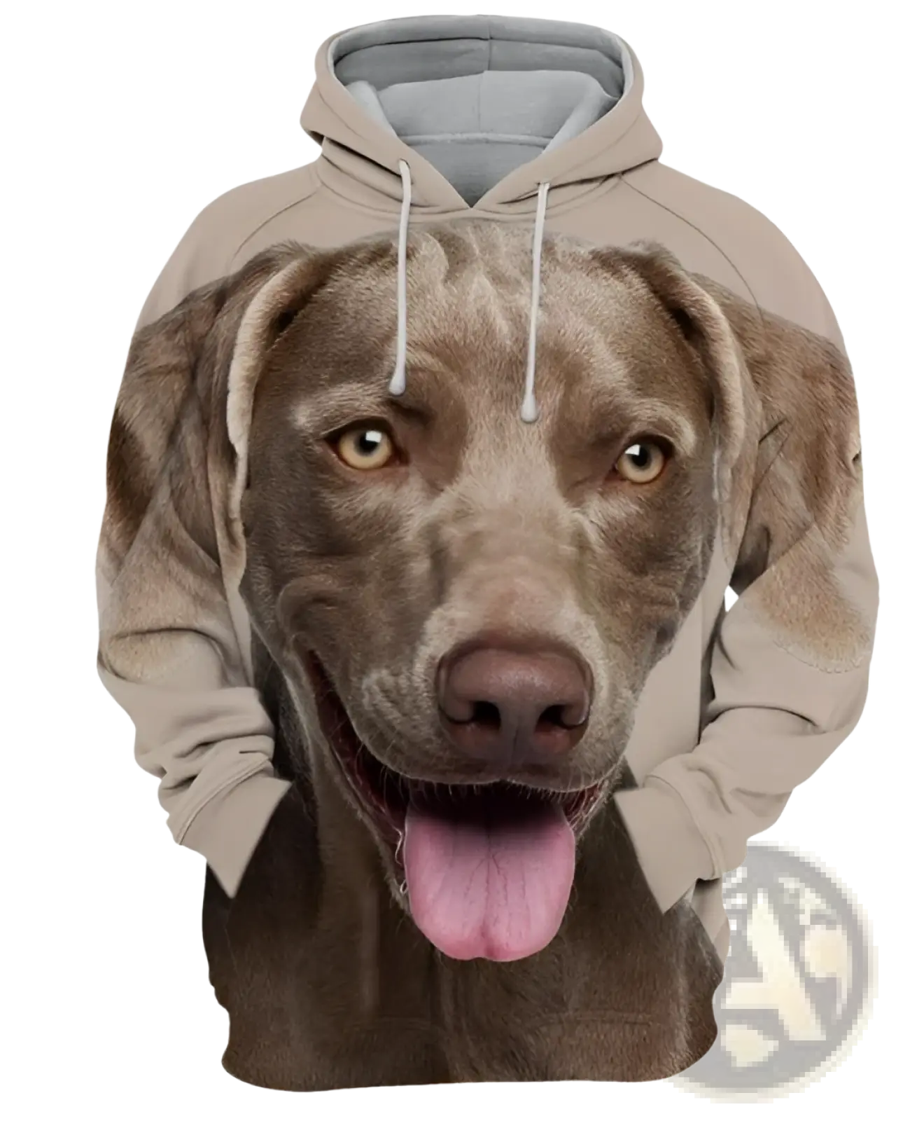 Beige pullover hoodie featuring a 3d-printed detailed portrait of a brown dog with its tongue out for men