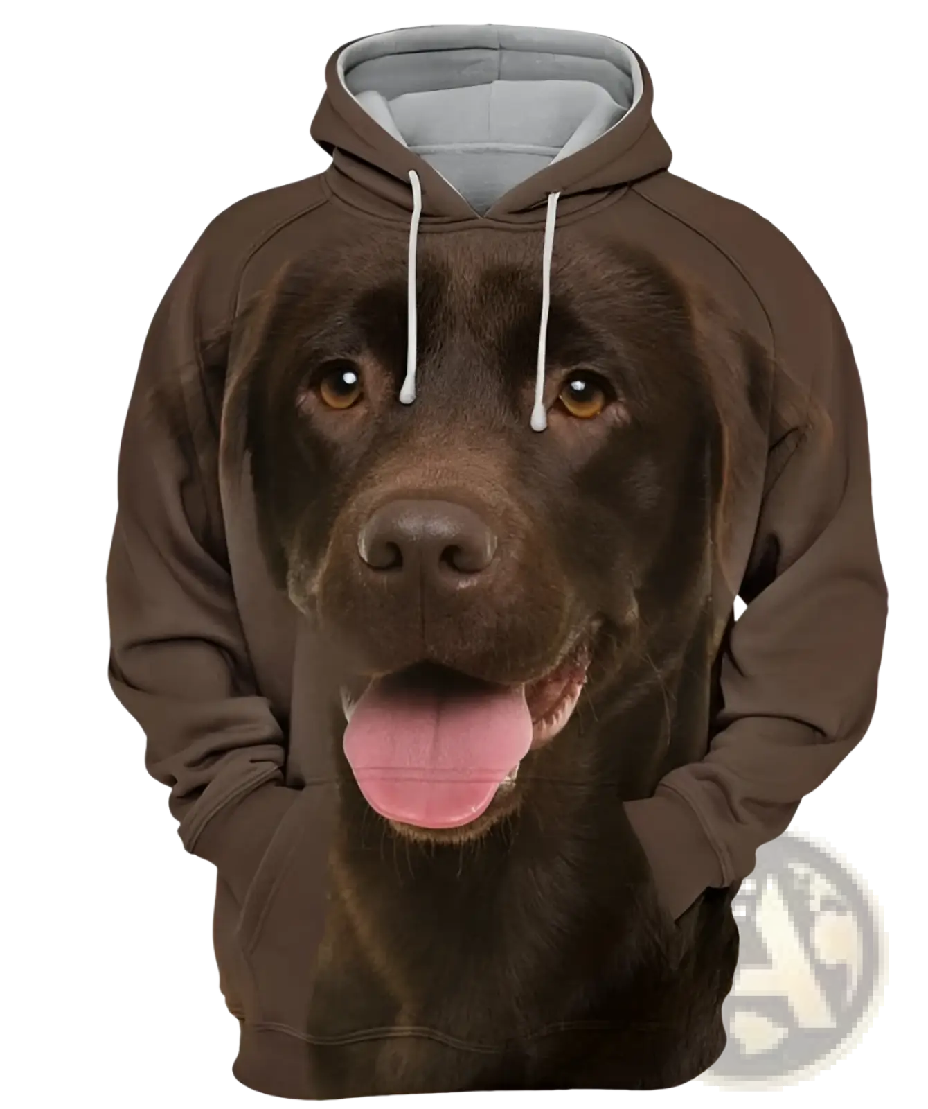 Men’s brown pullover hoodie with 3d-printed chocolate labrador portrait white drawstrings and gray lining