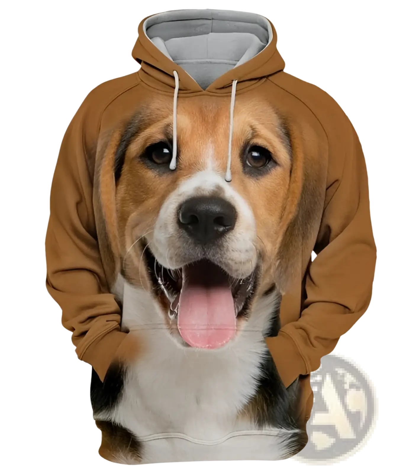 Men’s 3d dog portrait graphic pullover hoodie featuring a brown and white beagle face print with gray hood lining