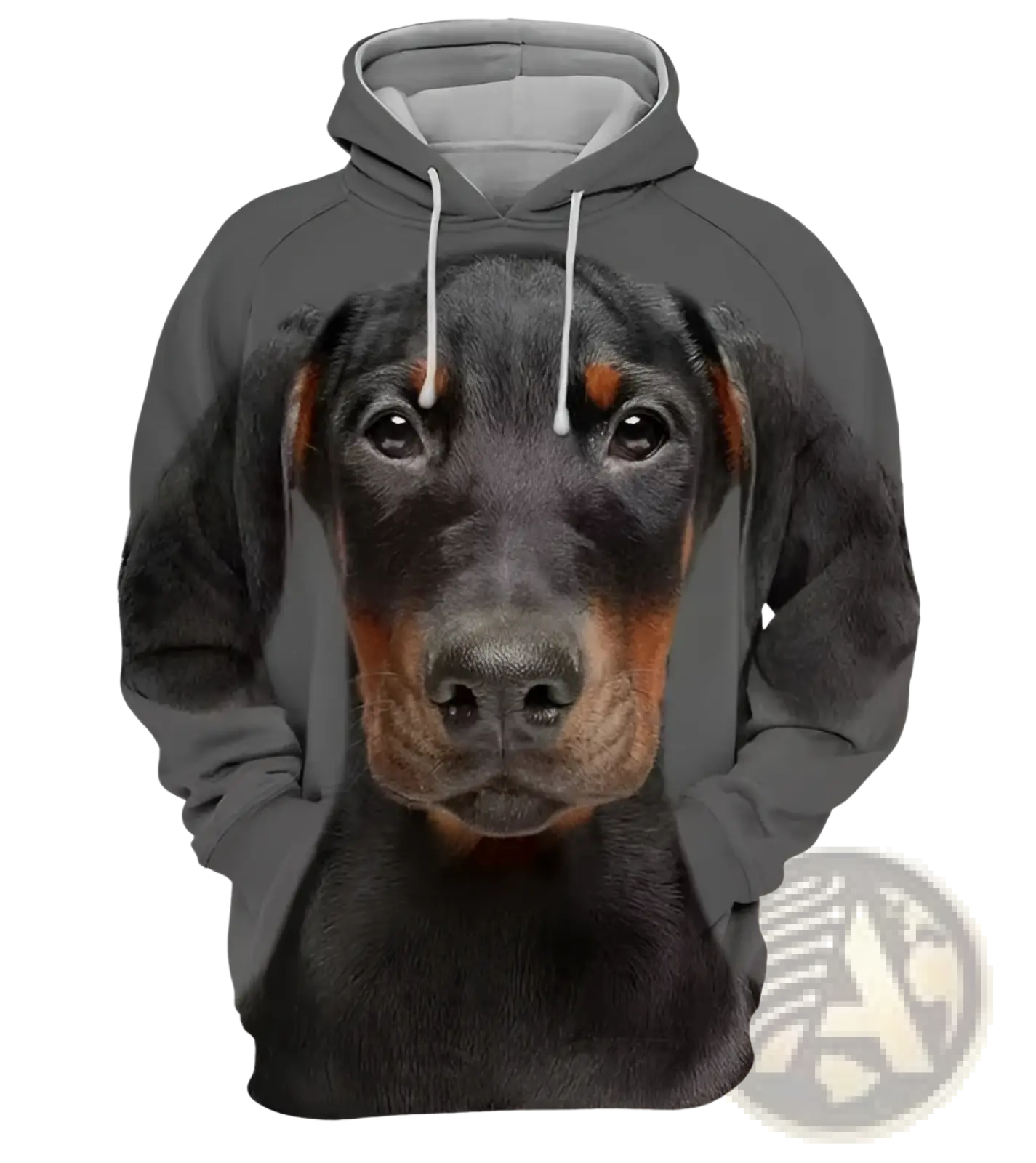 Men’s gray pullover hoodie with 3d-printed detailed doberman puppy face featuring black and tan markings