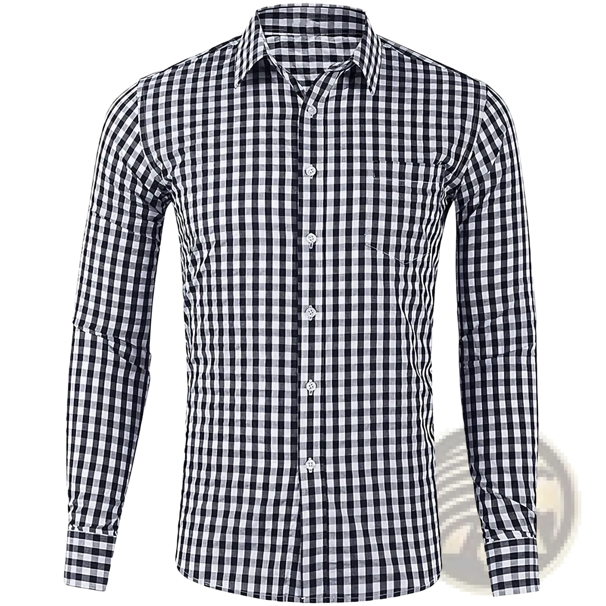 Men’s 3d plaid long sleeve button up shirt in black and white checkered pattern with classic collar design