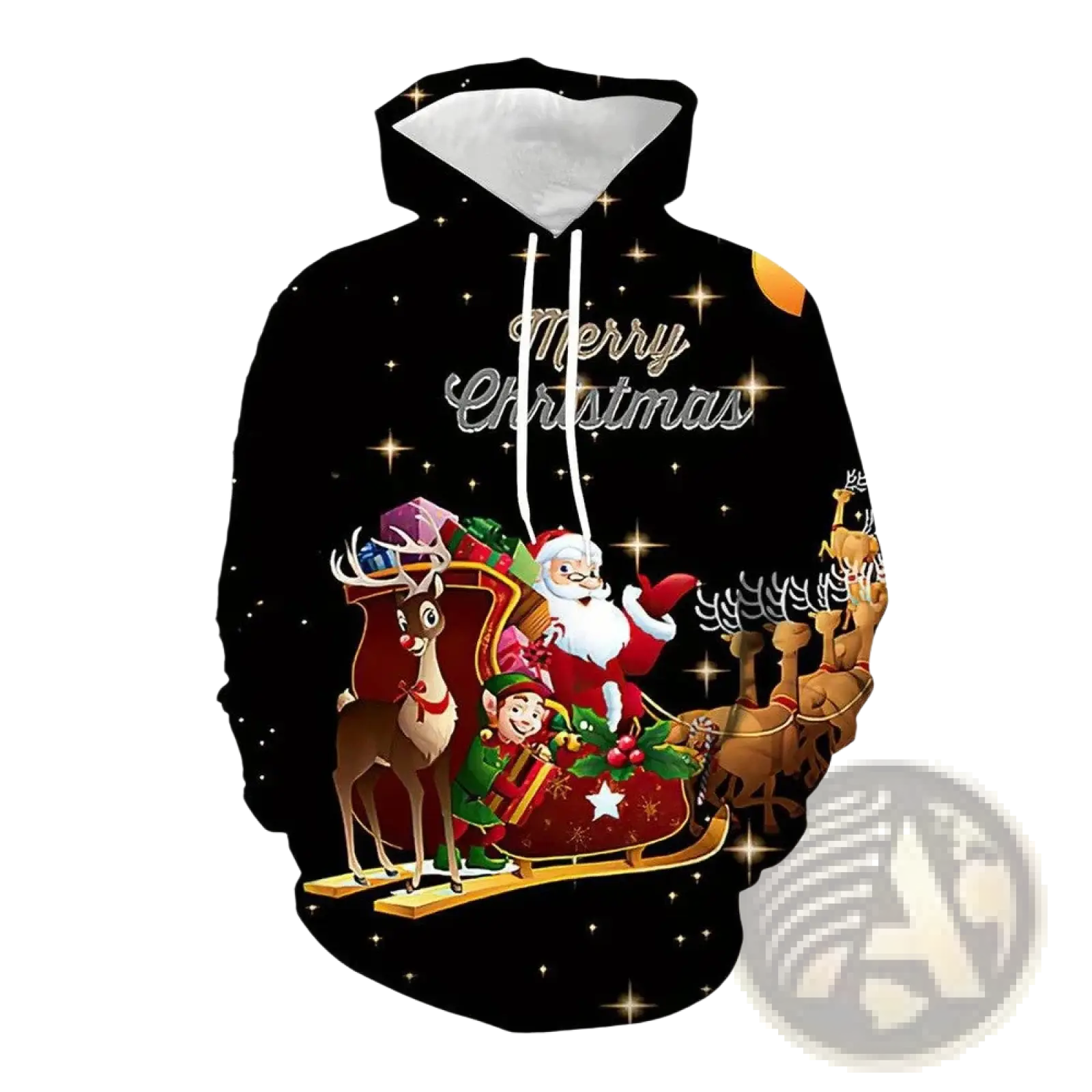 Men’s black christmas hoodie with 3d printed santa sleigh reindeer elf design gold stars and merry christmas text