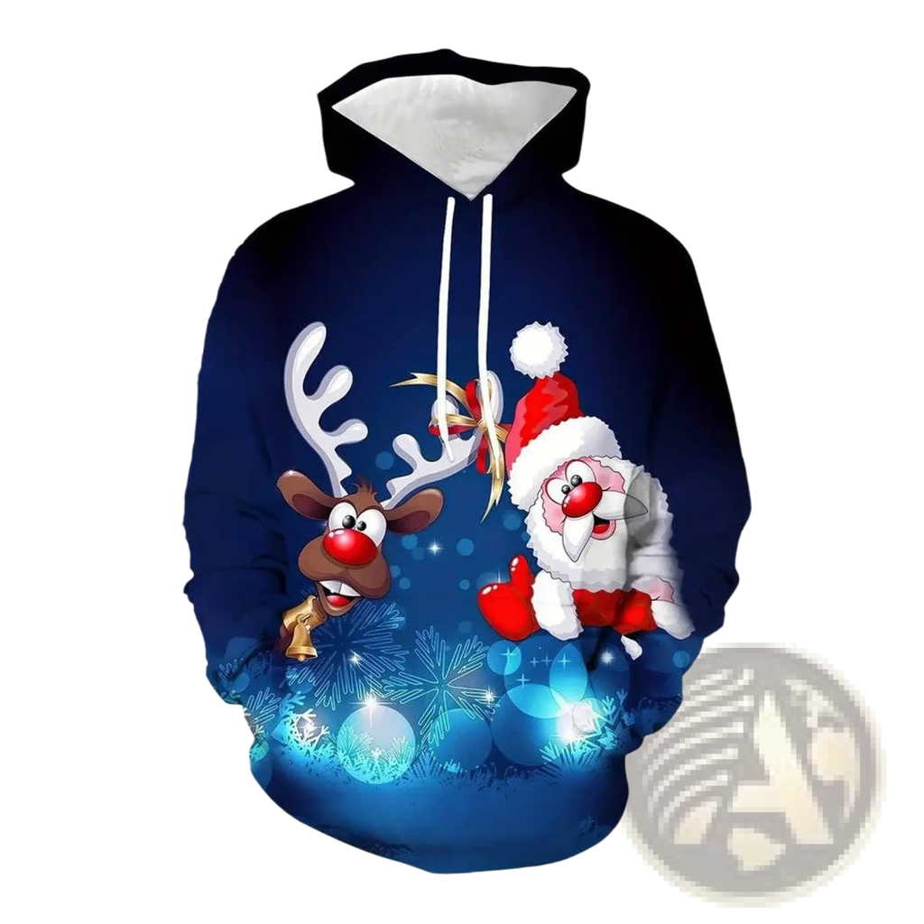 Men’s dark blue christmas-themed hoodie with 3d printed santa and reindeer and glowing ornaments on festive background