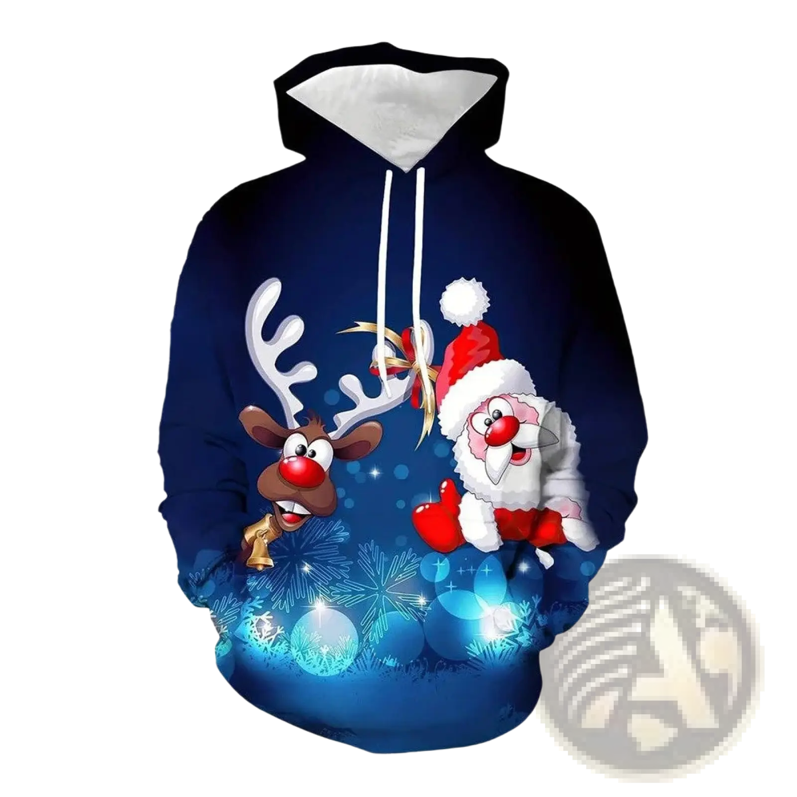 Men’s dark blue christmas-themed hoodie with 3d printed santa and reindeer and glowing ornaments on festive background