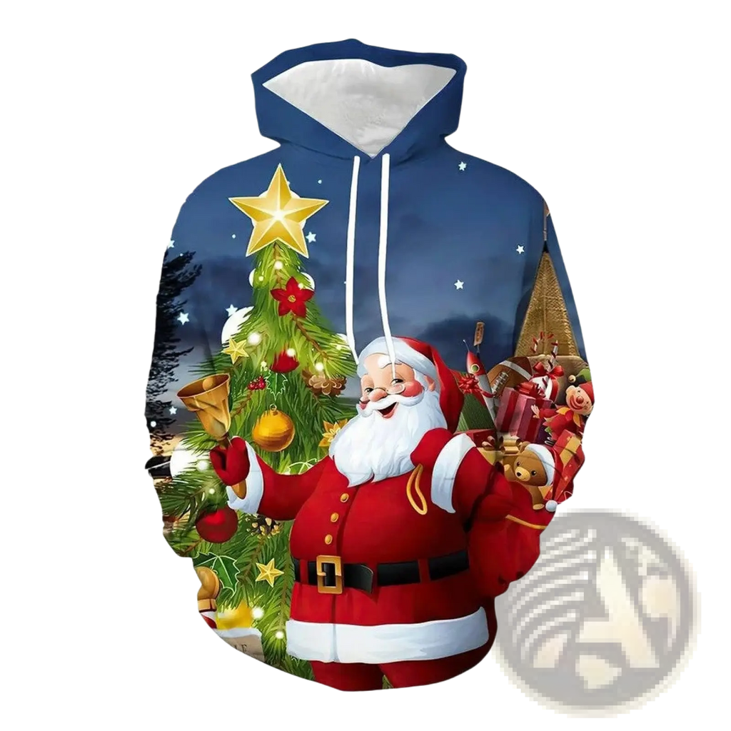 Men’s blue hooded sweatshirt with vibrant 3d-printed santa and decorated christmas tree design