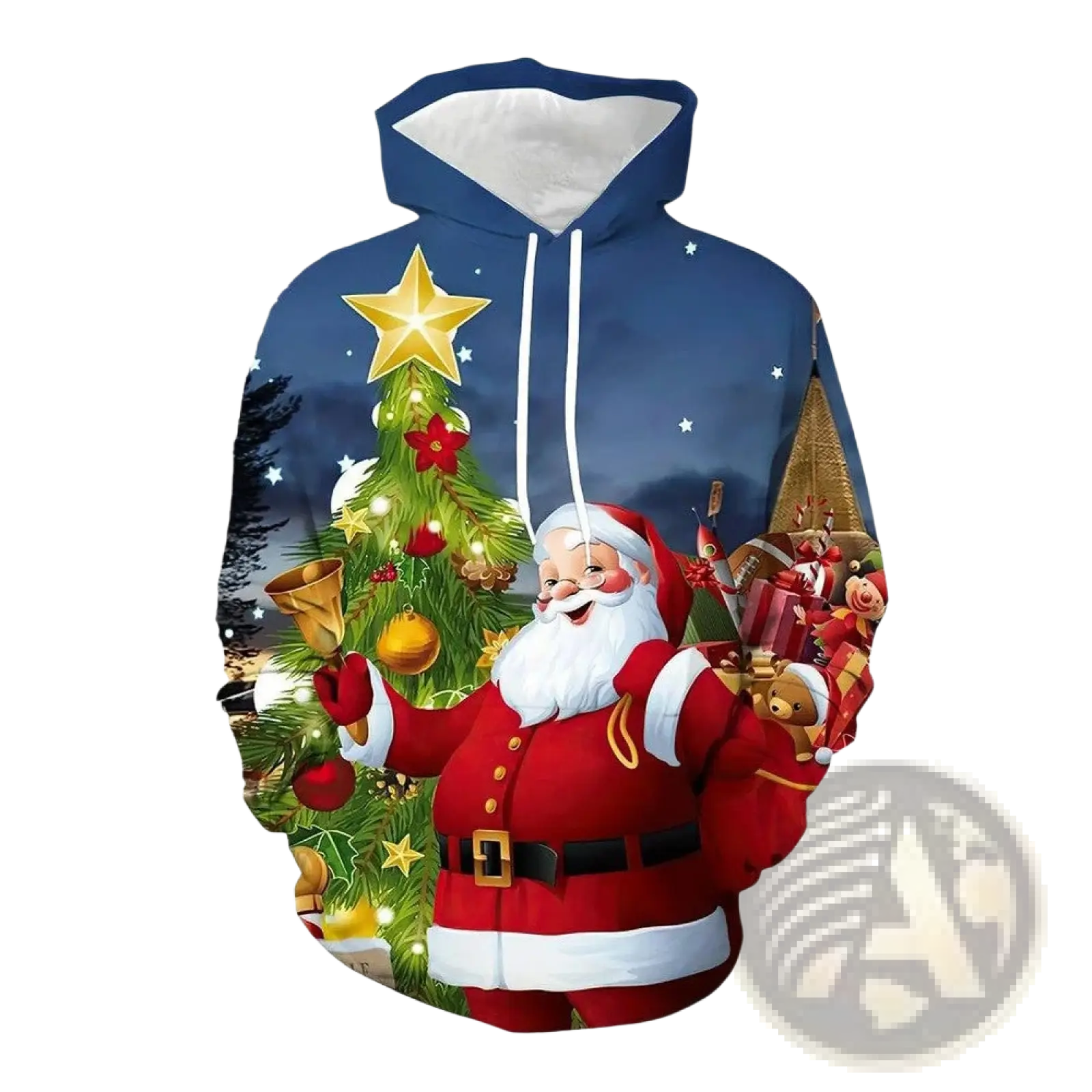 Men’s blue hooded sweatshirt with vibrant 3d-printed santa and decorated christmas tree design