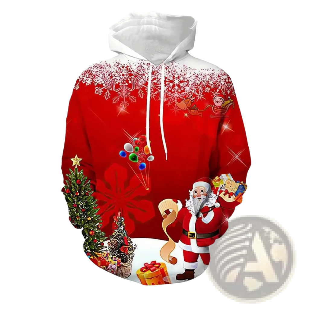Men’s red 3d printed festive santa and reindeer christmas hoodie with white snowflake patterns and matching drawstrings