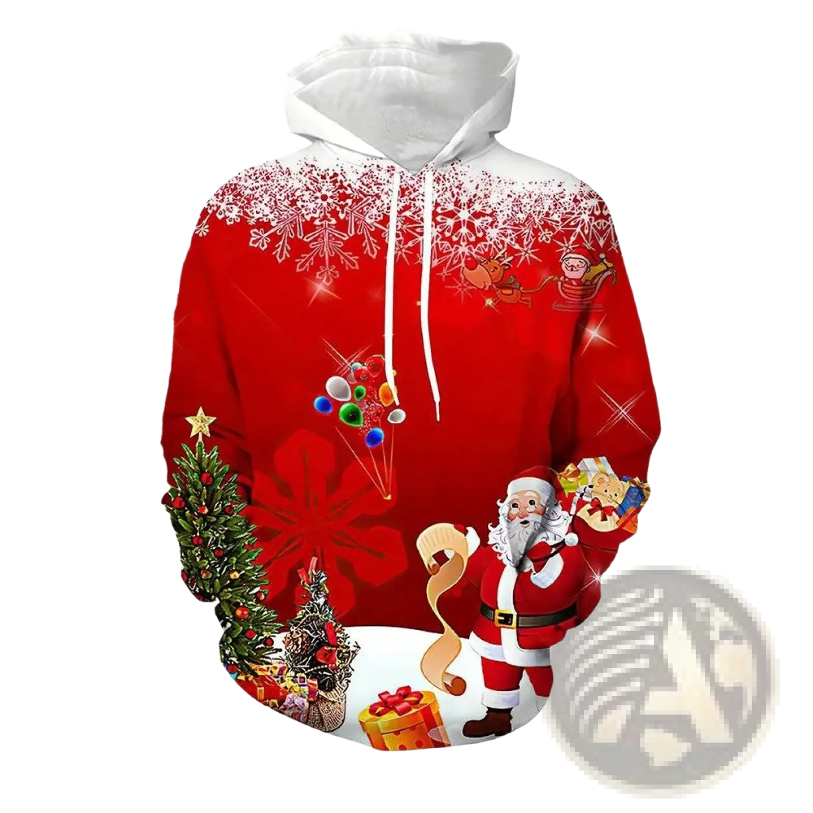 Men’s red 3d printed festive santa and reindeer christmas hoodie with white snowflake patterns and matching drawstrings