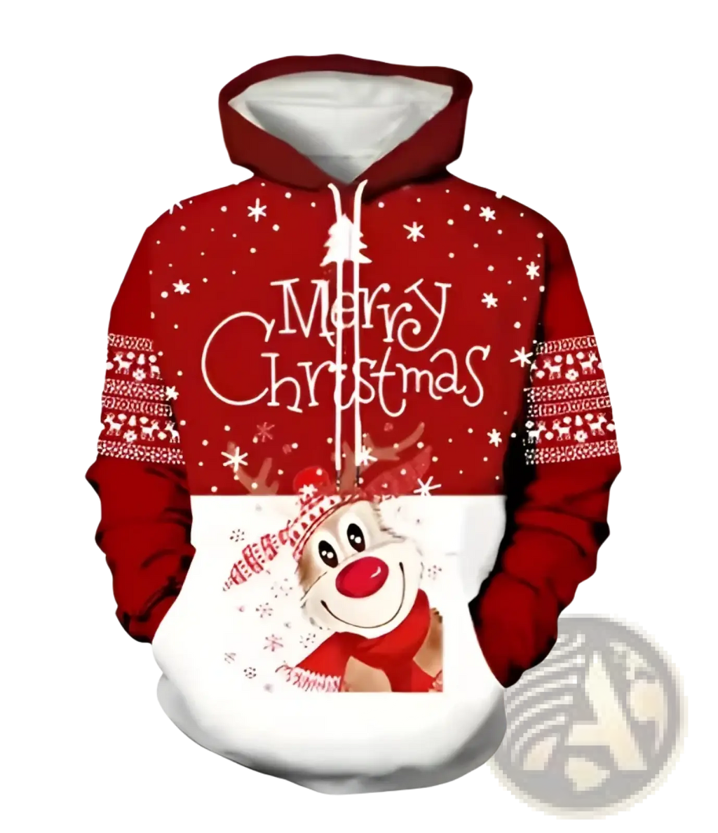 Men’s red and white 3d printed festive Santa and reindeer Christmas hoodie with cheerful reindeer graphic and snowflakes