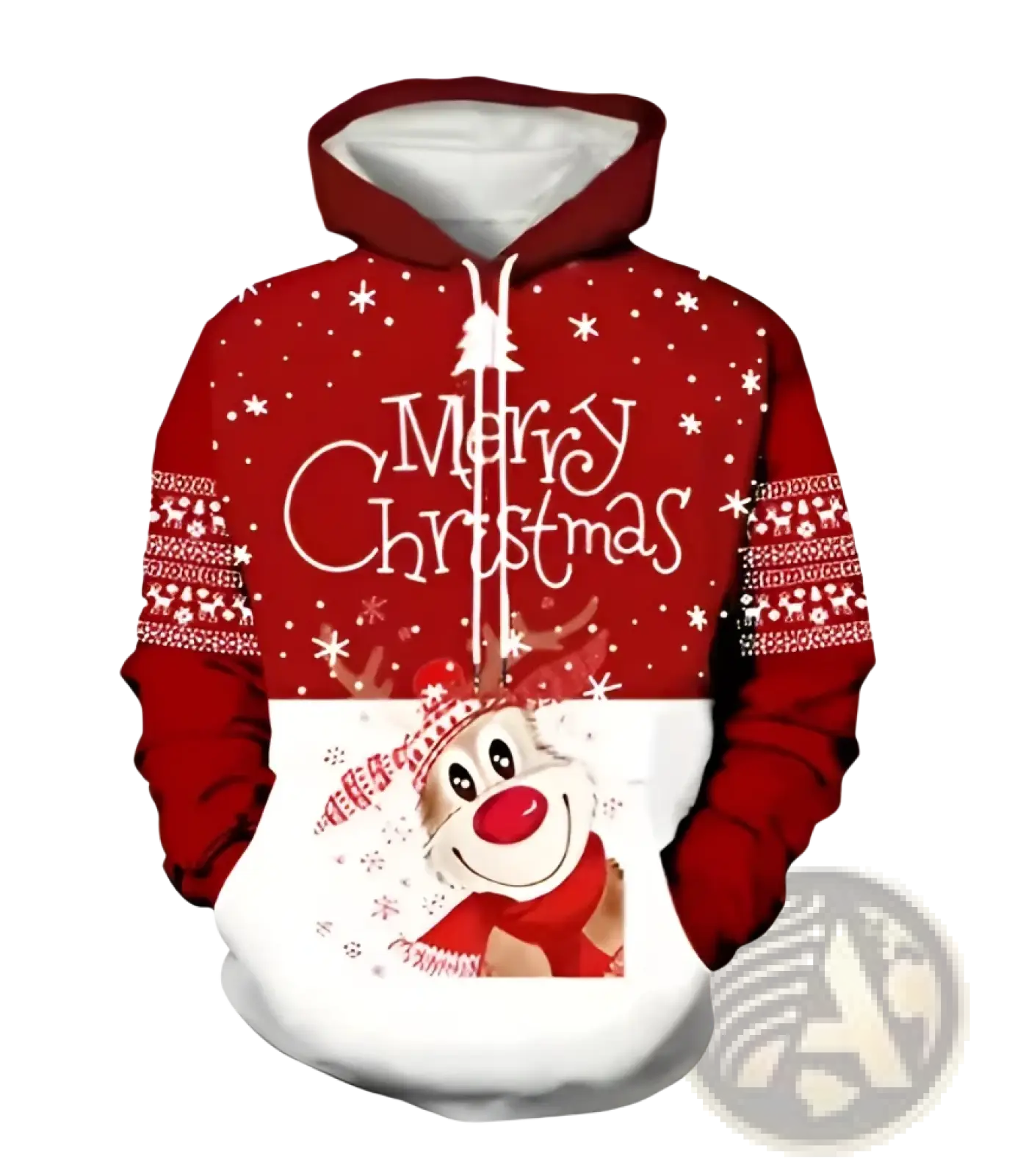 Men’s red and white 3d printed festive Santa and reindeer Christmas hoodie with cheerful reindeer graphic and snowflakes