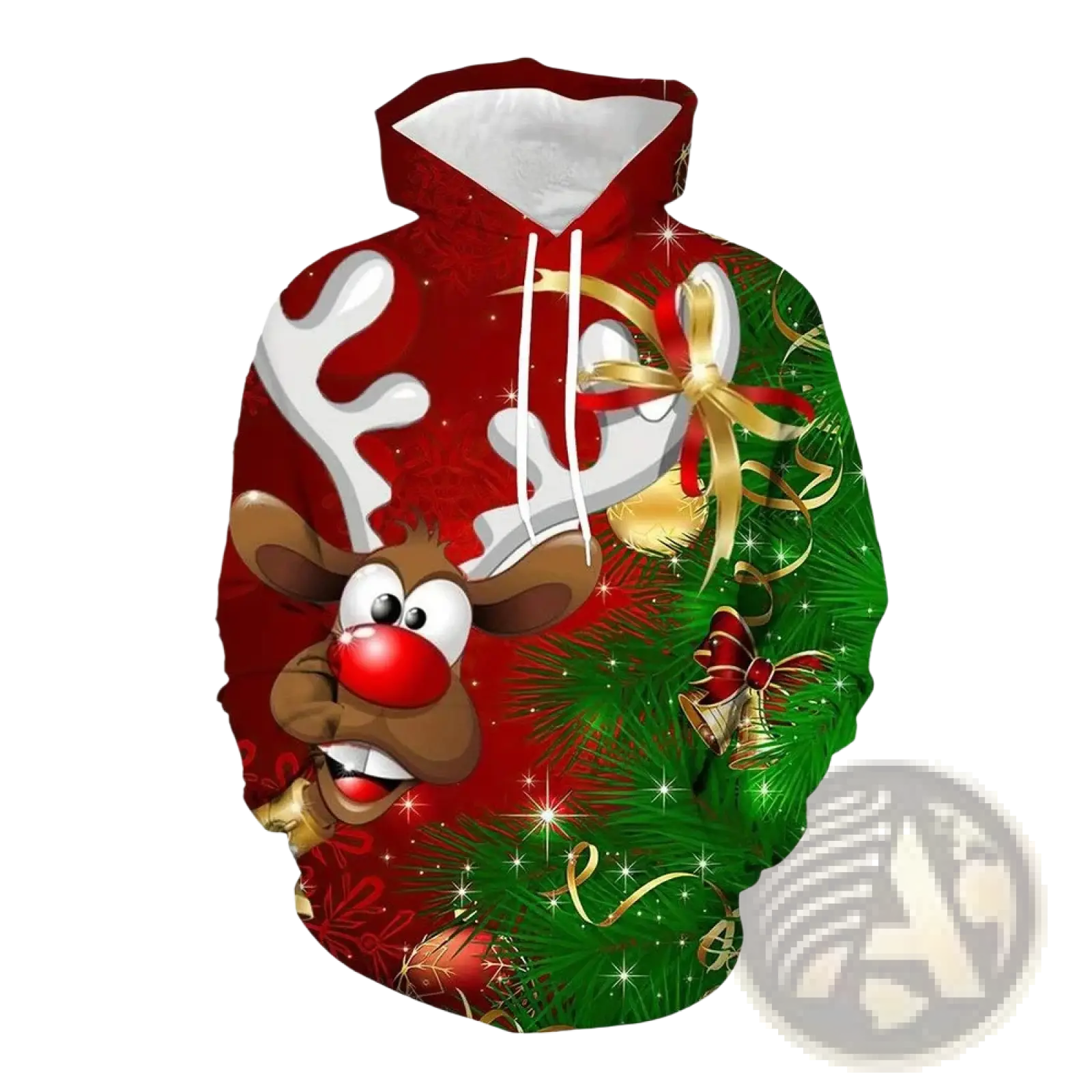 Men’s red and green 3d printed festive santa and reindeer hoodie with cartoon reindeer and glittery pine branch design