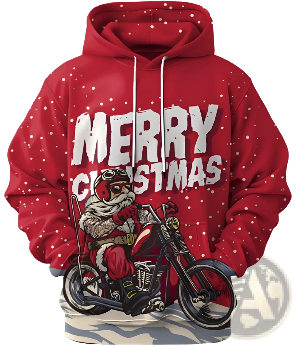 Men’s red 3d printed festive hoodie featuring santa claus on motorcycle and merry christmas text on front