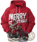Men’s red 3d printed festive hoodie featuring santa claus on motorcycle and merry christmas text on front