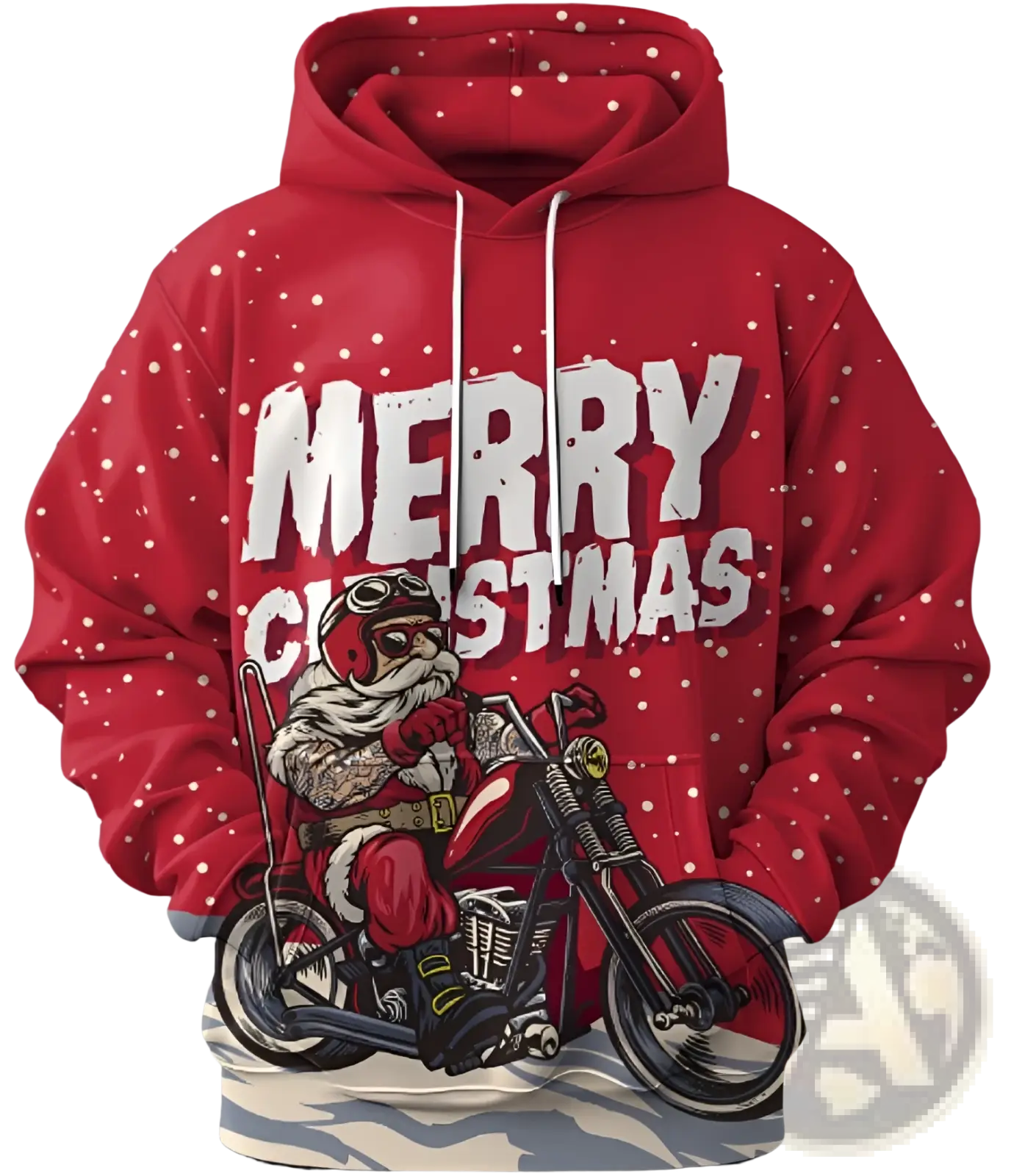 Men’s red 3d printed festive hoodie featuring santa claus on motorcycle and merry christmas text on front