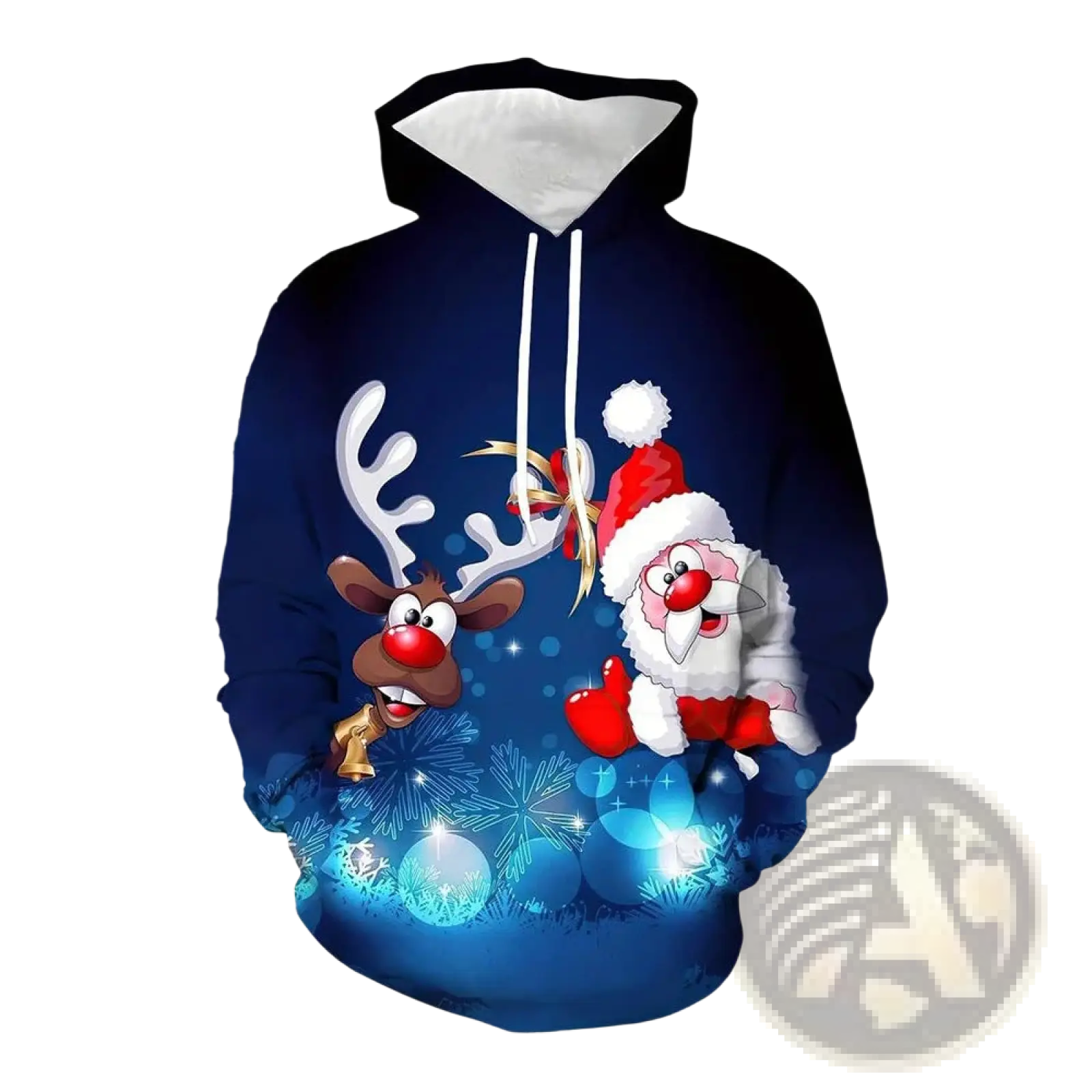 Dark blue men’s 3d printed festive hoodie with santa claus and reindeer design on glowing Christmas ornament background