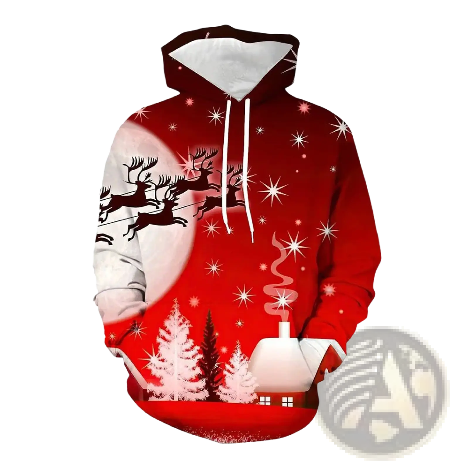 Men’s red 3d printed festive santa and reindeer christmas hoodie with reindeer sleighing over snowy landscape design