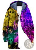 Men’s 3d printed hooded cardigan jacket with a vibrant psychedelic skull gradient and plush gray interior lining