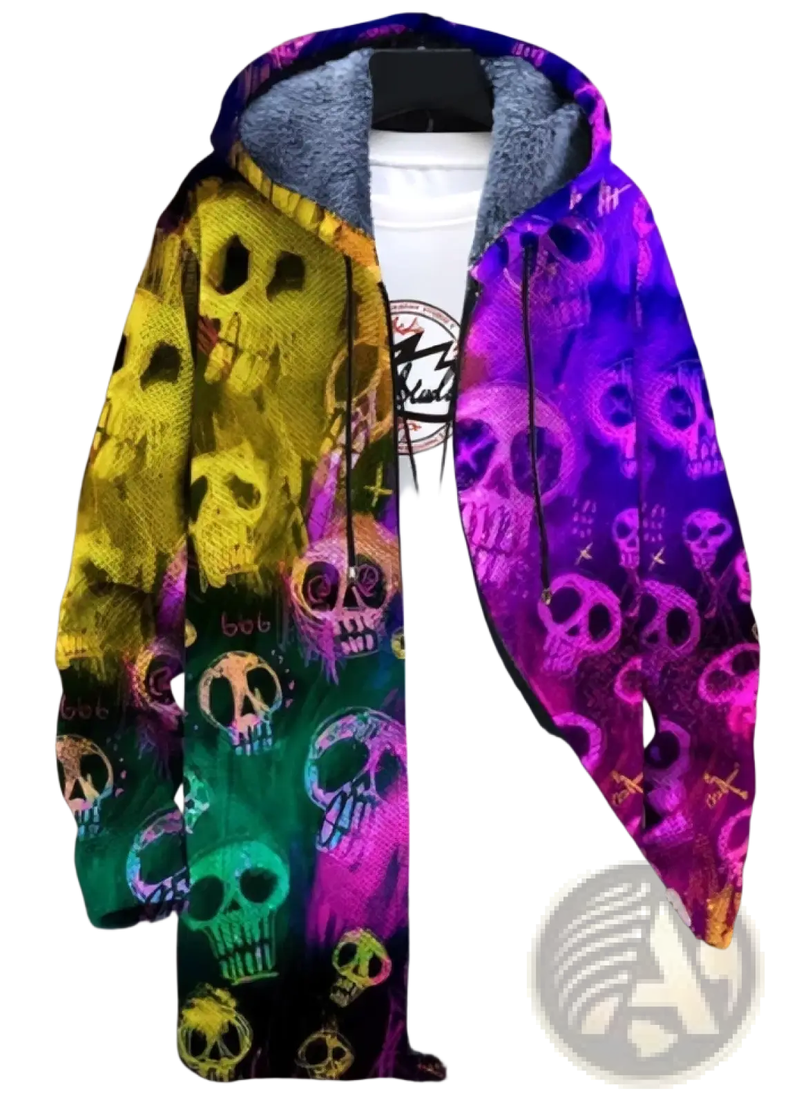 Men’s 3d printed hooded cardigan jacket with a vibrant psychedelic skull gradient and plush gray interior lining