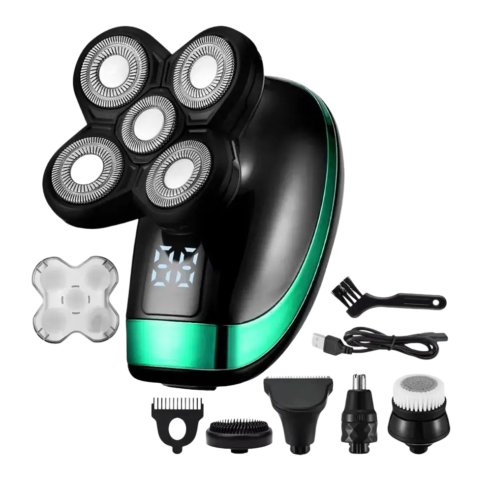 Black and green men’s 5-head electric shaver with five rotary heads for efficient grooming and precise shaving